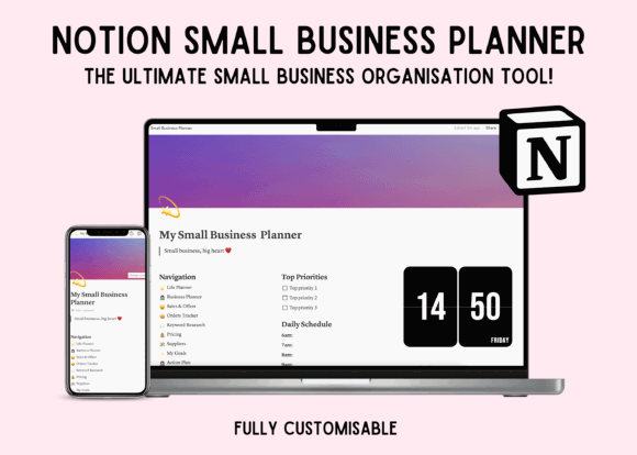 5 Digital Planner Templates: Powerful Picks for Small Business 8 Notion Small Business Planner displayed on a laptop and mobile device with customizable features.