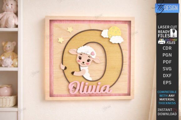 34 Acrylic Laser Cut Designs That Look Professional 11 Nursery name sign featuring a sheep and the name Olivia in pink letters.