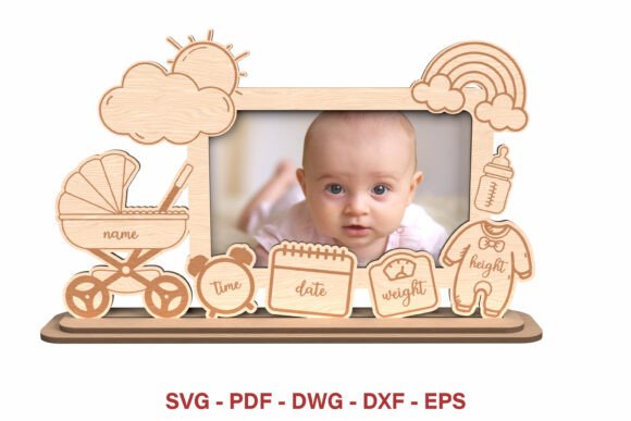 Wooden Laser Cut Gift Ideas: 26 Amazing Personalized Project 14 Personalized baby photo frame with laser cut elements like a stroller, bottle, and rainbow.