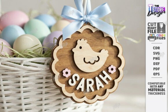 Wooden Laser Cut Gift Ideas: 26 Amazing Personalized Project 30 Personalized wooden Easter basket tag with a chicken design and the name Sarah.