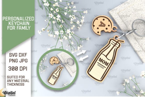 34 Acrylic Laser Cut Designs That Look Professional 33 Personalized family keychain featuring a milk bottle design with the word 'MOM'.