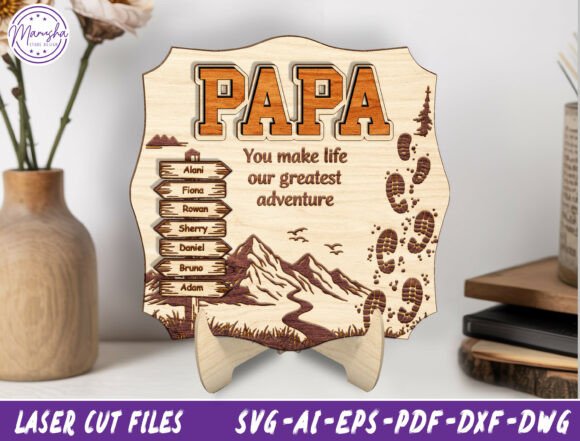 34 Acrylic Laser Cut Designs That Look Professional 23 Personalized wooden sign with 'PAPA' and names on a decorative plaque.