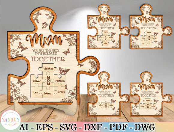 34 Acrylic Laser Cut Designs That Look Professional 26 Personalized family puzzle piece design with floral details and names.