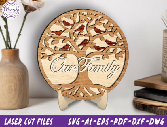 Wooden Laser Cut Gift Ideas: 26 Amazing Personalized Project 2 Wooden laser cut family tree with birds and the text 'Our Family'.