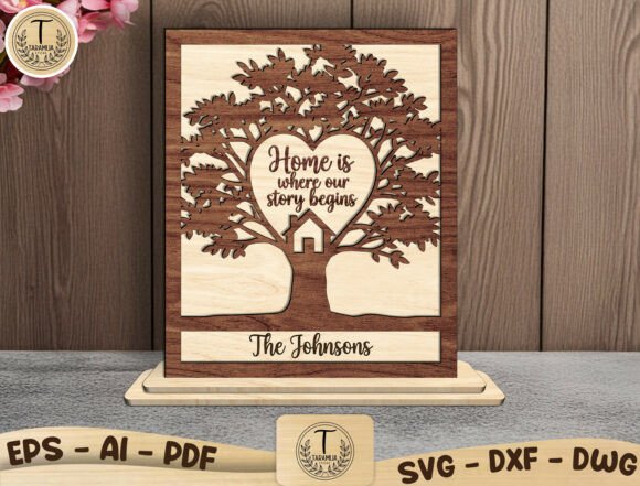 Wooden Laser Cut Gift Ideas: 26 Amazing Personalized Project 3 Personalized wooden family tree sign with the text 'Home is where our story begins' and a house icon.