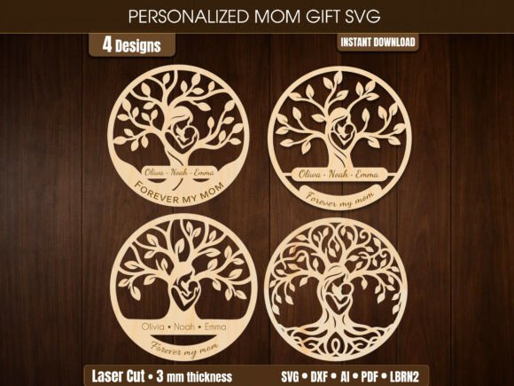 Wooden Laser Cut Gift Ideas: 26 Amazing Personalized Project 6 Four wooden laser cut designs featuring family trees with names and hearts.