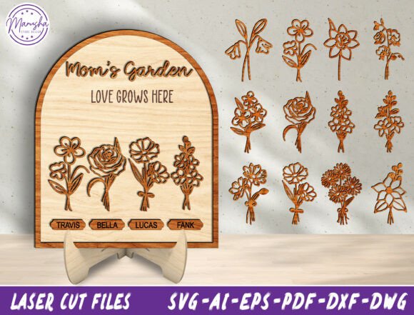 34 Acrylic Laser Cut Designs That Look Professional 27 Personalized Mom's Garden laser cut sign with floral designs and names.