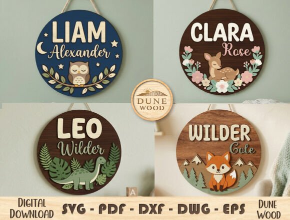 34 Acrylic Laser Cut Designs That Look Professional 8 Personalized nursery name signs featuring animals and floral designs.