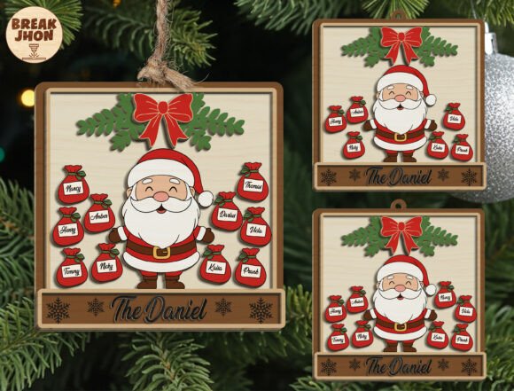 Wooden Laser Cut Gift Ideas: 26 Amazing Personalized Project 28 Personalized Santa Family Ornament with names on gift bags