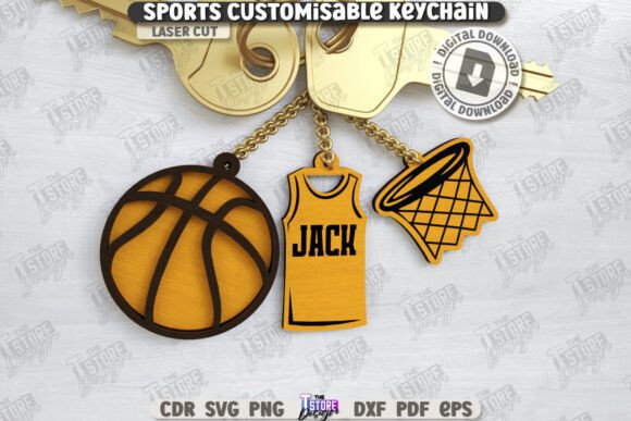 Wooden Laser Cut Gift Ideas: 26 Amazing Personalized Project 22 Personalized sports keychain featuring a basketball, jersey, and hoop with the name Jack.