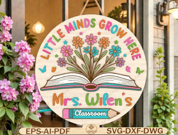 Laser Cut Teacher Appreciation Gifts: 45 Personalized Ideas 30 Personalized wooden classroom sign with flowers and an open book design.