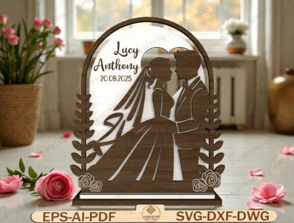 34 Acrylic Laser Cut Designs That Look Professional 40 Laser cut acrylic wedding sign featuring a couple and personalized names and date.