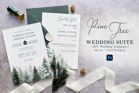 15 Wedding Invitation Template Ideas for Every Style 18 Pine Tree Wedding Suite invitation design featuring mountain illustrations and elegant typography.