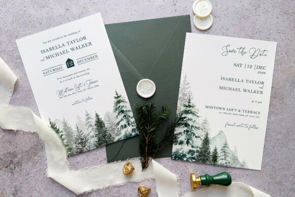 15 Wedding Invitation Template Ideas for Every Style 19 Pine Tree Wedding Suite invitation with forest design and elegant typography.