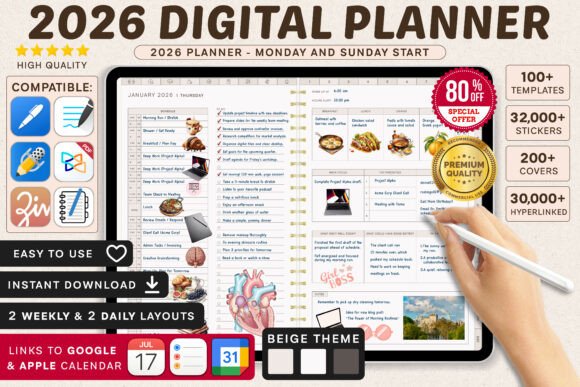 Digital Planner Templates: 15 Best Designs for an Organized Life 2 Premium 2026 Digital Planner Goodnotes Graphics 130330504 1 1 580x387 1