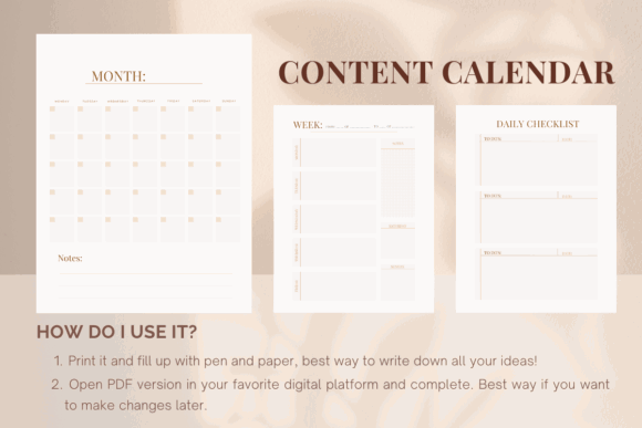 13 Monthly Planner Templates for Goals, Tasks and Events 24 Monthly content calendar template with sections for notes, week, and daily checklist.