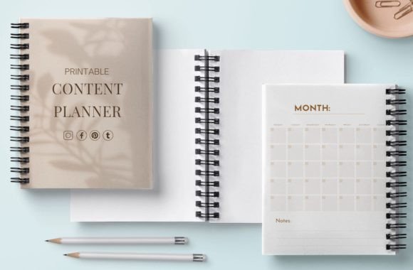13 Monthly Planner Templates for Goals, Tasks and Events 25 Three planners on a light blue background, including a content planner and a monthly calendar template.