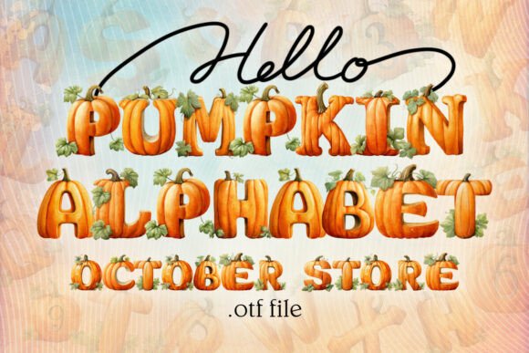 Halloween Color Fonts: 10 Best Picks for Spooky Designs 18 Colorful pumpkin-themed font with decorative elements and text saying 'Hello Pumpkin Alphabet'.