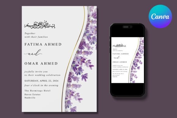 17 Wedding Invitation Template Ideas You Can Customize 18 Lavender Islamic wedding invitation featuring floral design and elegant typography.