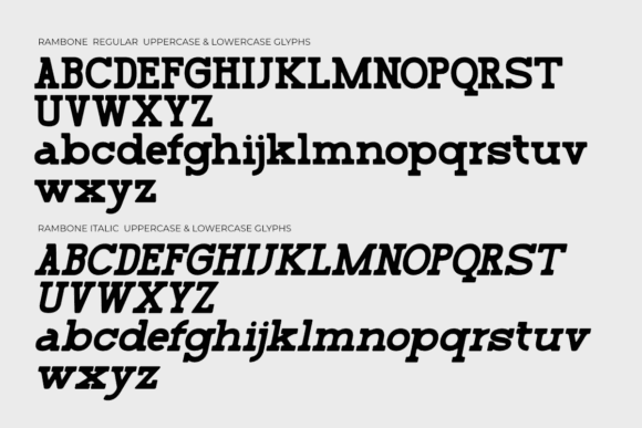 20 Bold Slab Serif Fonts: Powerful Logo & Headline Picks 8 Rambone font showcasing uppercase and lowercase glyphs in regular and italic styles.
