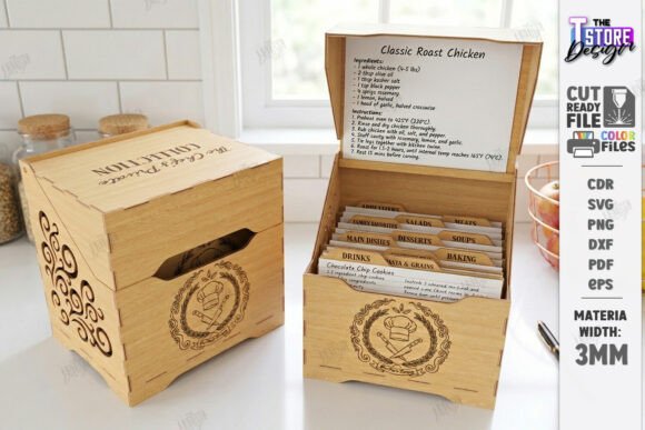 Wooden Laser Cut Gift Ideas: 26 Amazing Personalized Project 17 Laser cut wooden recipe box with recipe cards inside.