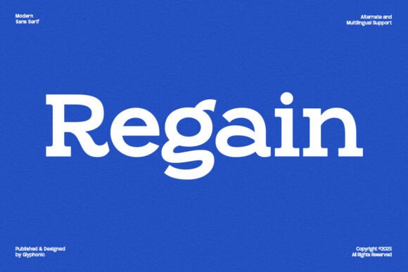20 Bold Slab Serif Fonts: Powerful Logo & Headline Picks 2 Bold slab serif font 'Regain' displayed on a blue background.