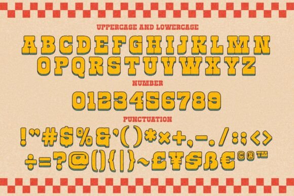 18 Best Slab Serif Display Fonts for Bold Headlines 35 Bold slab serif font showcasing uppercase letters, numbers, and punctuation in a retro style.