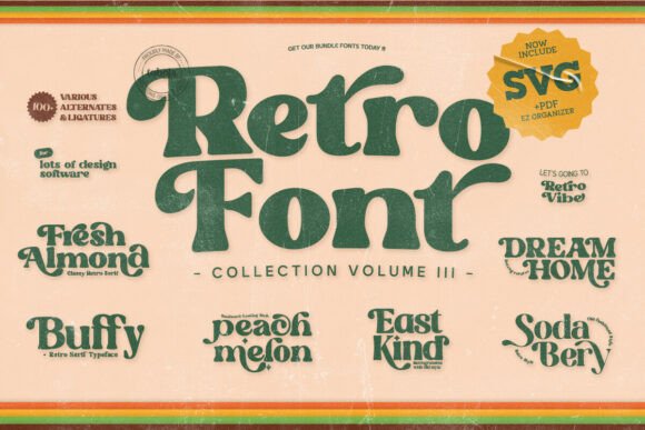 13 Best Font Bundles for Logos and Branding 10 Retro font collection showcasing various styled text examples.