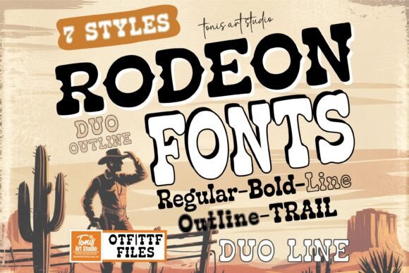 15 Best Slab Serif Fonts Bundle for T-Shirt Design 3 Rodeon Fonts bundle showcasing various styles with cowboy theme.