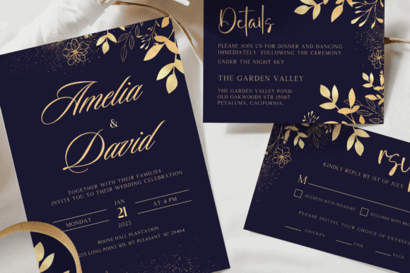 20 Canva Wedding Invitation Templates You Can Easily Edit 27 Elegant navy blue wedding invitation with gold floral accents and RSVP card.