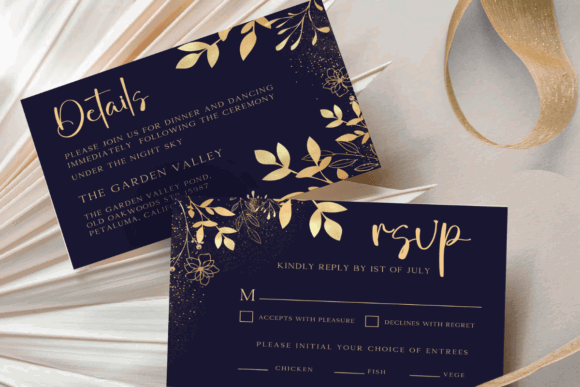 20 Canva Wedding Invitation Templates You Can Easily Edit 28 Elegant wedding RSVP and details cards with gold accents and floral designs.
