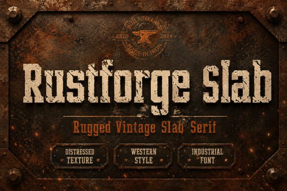 18 Best Slab Serif Display Fonts for Bold Headlines 30 Rustforge Slab font showcasing rugged vintage style with distressed texture.