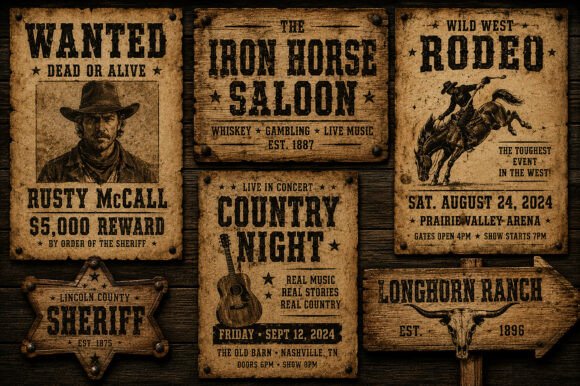 18 Best Slab Serif Display Fonts for Bold Headlines 31 Vintage Western-style posters including wanted notice, saloon sign, rodeo event, country night, sheriff badge, and ranch sign