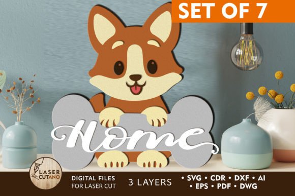 Wood Laser Cut Ideas: 45 Creative Projects Worth Making 18 Layered wood sign featuring a dog holding a bone with the word 'Home' in cursive.