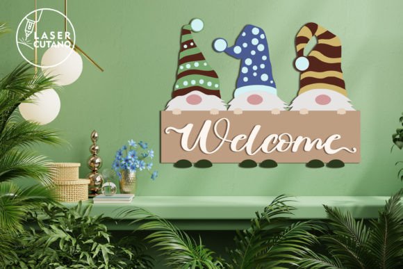 Wood Laser Cut Ideas: 45 Creative Projects Worth Making 19 Colorful gnome welcome sign with three gnomes on a green wall.