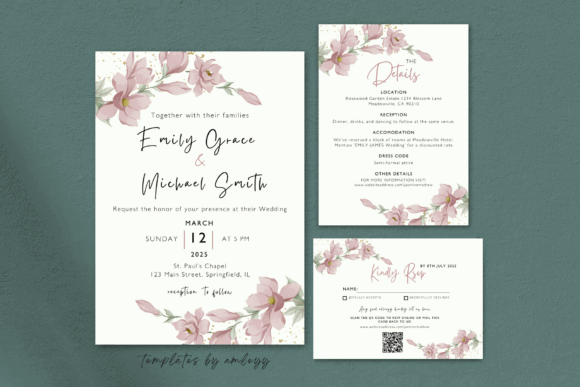 14 Editable Wedding Invitation Templates for Modern Couples 6 Elegant wedding invitation suite featuring pink floral designs and modern typography.