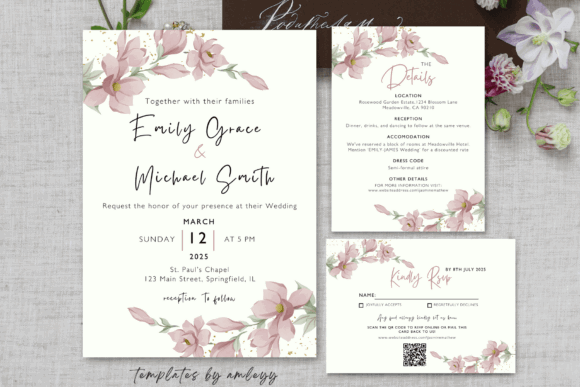 14 Editable Wedding Invitation Templates for Modern Couples 7 Elegant wedding invitation suite with floral design and RSVP card.
