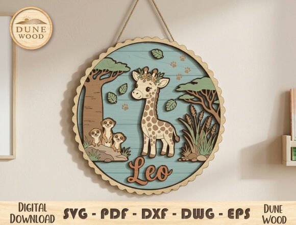 34 Acrylic Laser Cut Designs That Look Professional 9 Personalized nursery name sign featuring a giraffe and woodland elements with the name Leo.
