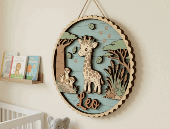 Wooden Laser Cut Gift Ideas: 26 Amazing Personalized Project 12 Personalized wooden nursery sign featuring a giraffe and the name Leo.