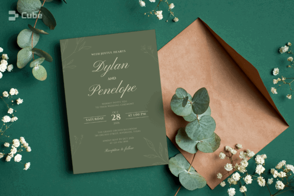 14 Editable Wedding Invitation Templates for Modern Couples 20 Sage green wedding invitation with floral accents and an envelope on a green background.