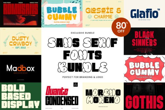 13 Best Font Bundles for Logos and Branding 8 A collage of various font styles from a sans serif font bundle, showcasing diverse designs for branding.