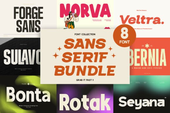 Best 10 Sans Serif Fonts Bundle for Signs: Readable Options 10 Collection of various sans serif fonts displayed on a colorful background.