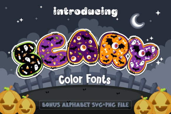Halloween Color Fonts: 10 Best Picks for Spooky Designs 10 Colorful Halloween font displaying the word 'Scary' with spooky illustrations.