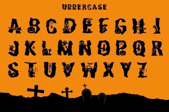 34 Best Halloween Fonts for Cricut Projects to Sell 40 Uppercase Halloween font featuring spooky characters and symbols on an orange background.
