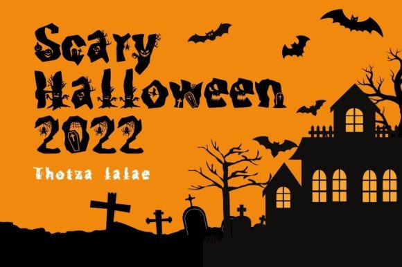 34 Best Halloween Fonts for Cricut Projects to Sell 39 Halloween-themed graphic with spooky text and bats against an orange background.