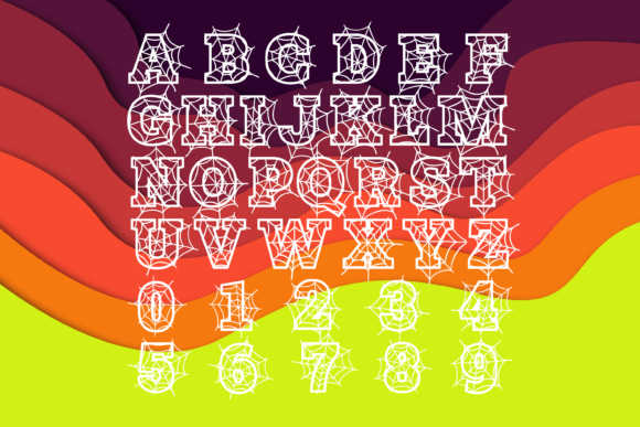 30 Best Halloween Fonts for Spooky Designs That Stand Out 9 Halloween-themed font featuring spiderweb designs on letters and numbers.