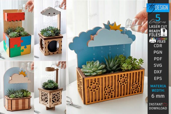 Wood Laser Cut Ideas: 45 Creative Projects Worth Making 49 Laser cut self-watering cloud planter with succulents and colorful designs.