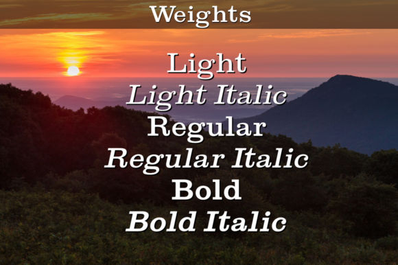 Fonts Similar to Clarendon: 15 Powerful Alternatives 4 Sunset over mountains with text displaying font weights: Light, Regular, Bold.