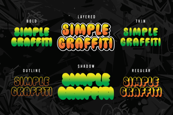 Graffiti Fonts for Logos: 10 Bold, Readable Picks 12 Various styles of the Simple Graffiti font displayed in bold, layered, thin, outline, shadow, and regular formats.