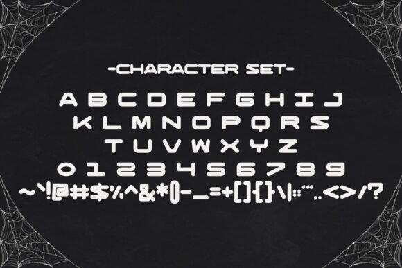 Halloween Fonts: 44 Best Picks for Cards, Signs & Cricut 39 Character set of a Halloween-themed font displayed on a chalkboard background.